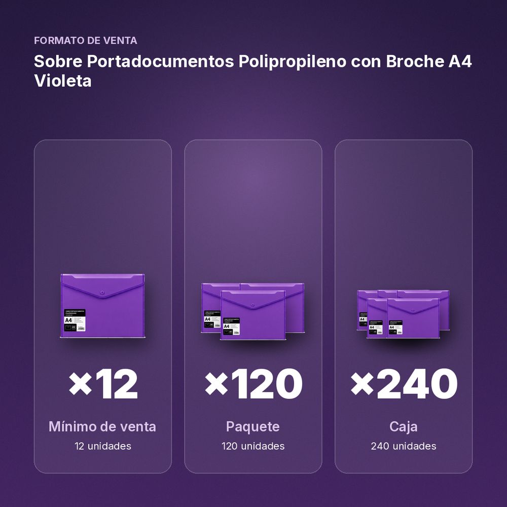 SOBRE PORTADOCUMENTOS POLIPROPILENO CON BROCHE A4 VIOLETA  - formato de venta: paquete de 120, caja de 240