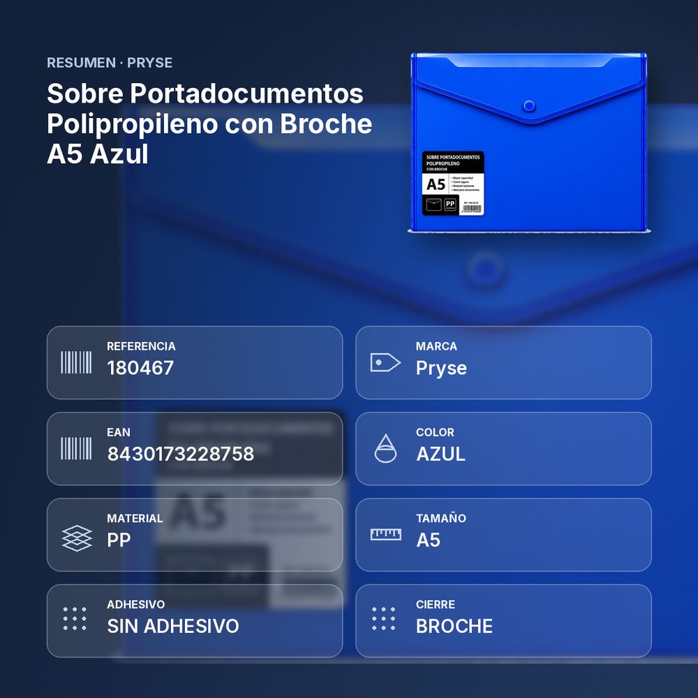 SOBRE PORTADOCUMENTOS POLIPROPILENO CON BROCHE A5 AZUL  - resumen de atributos
