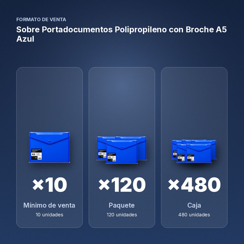 SOBRE PORTADOCUMENTOS POLIPROPILENO CON BROCHE A5 AZUL  - formato de venta: paquete de 120, caja de 480