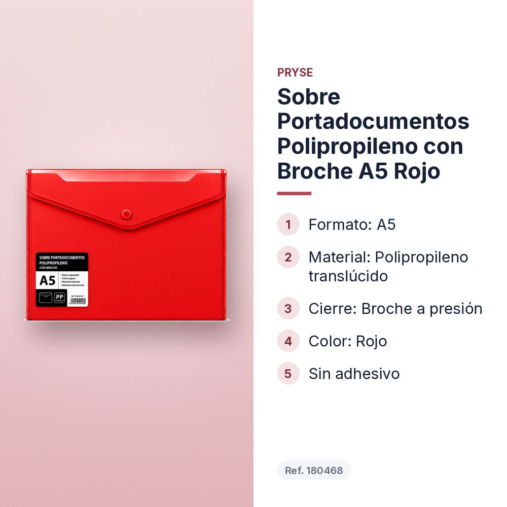 SOBRE PORTADOCUMENTOS POLIPROPILENO CON BROCHE A5 ROJO  - características principales