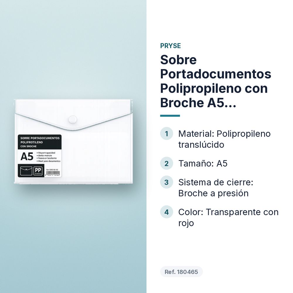 SOBRE PORTADOCUMENTOS POLIPROPILENO CON BROCHE A5 TRANSPARENTE - características principales