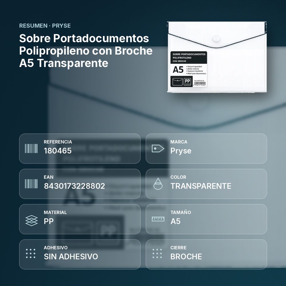 SOBRE PORTADOCUMENTOS POLIPROPILENO CON BROCHE A5 TRANSPARENTE - resumen de atributos