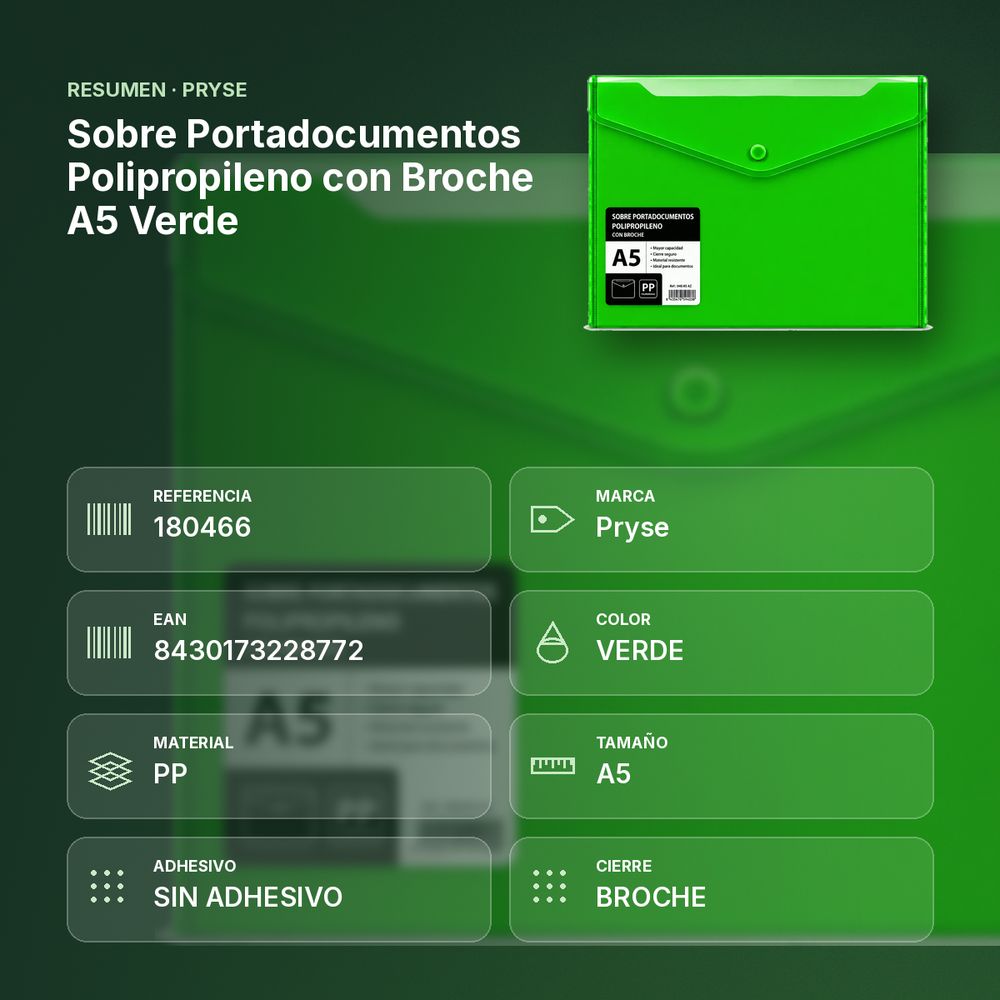 SOBRE PORTADOCUMENTOS POLIPROPILENO CON BROCHE A5 VERDE - resumen de atributos