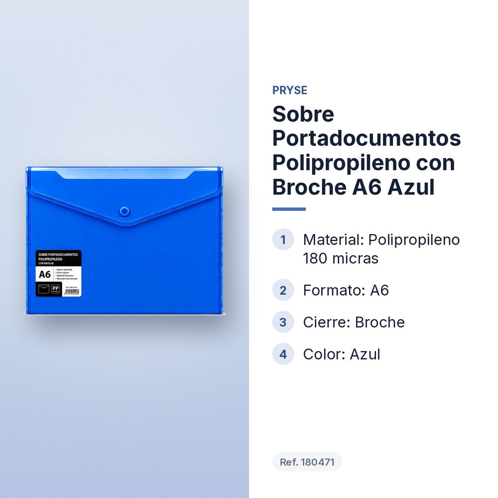 SOBRE PORTADOCUMENTOS POLIPROPILENO CON BROCHE A6 AZUL - características principales