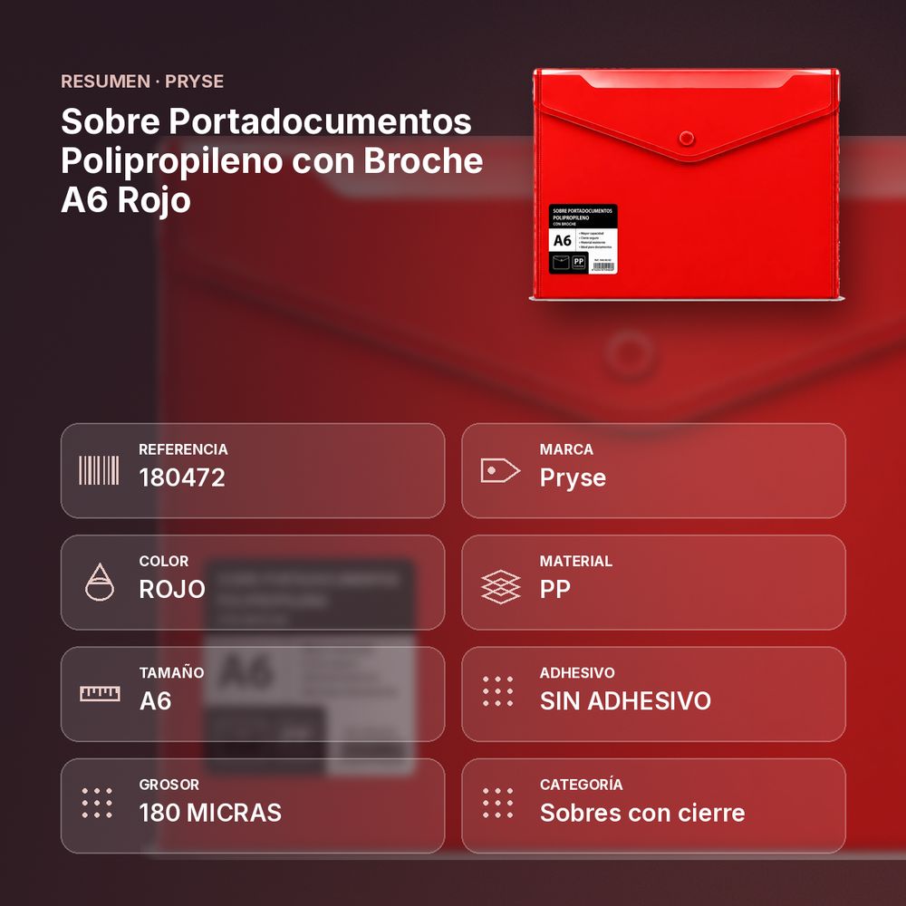 SOBRE PORTADOCUMENTOS POLIPROPILENO CON BROCHE A6 ROJO - resumen de atributos
