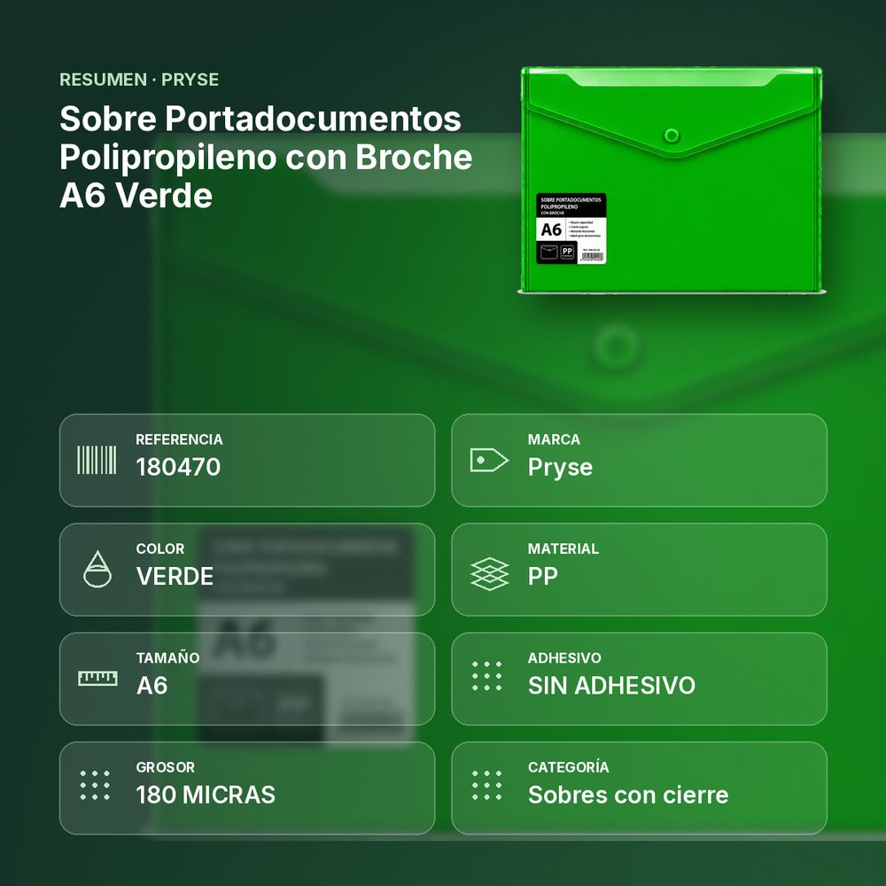 SOBRE PORTADOCUMENTOS POLIPROPILENO CON BROCHE A6 VERDE - resumen de atributos