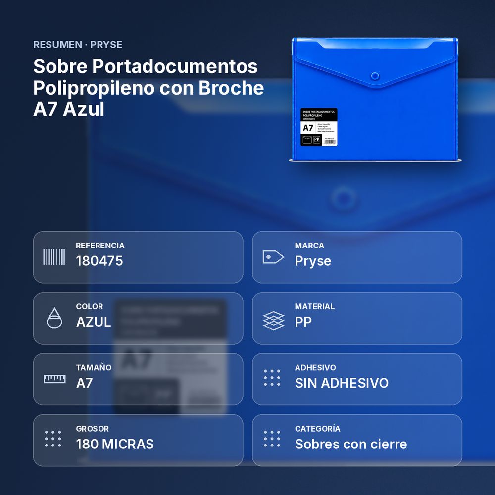 SOBRE PORTADOCUMENTOS POLIPROPILENO CON BROCHE A7 AZUL - resumen de atributos