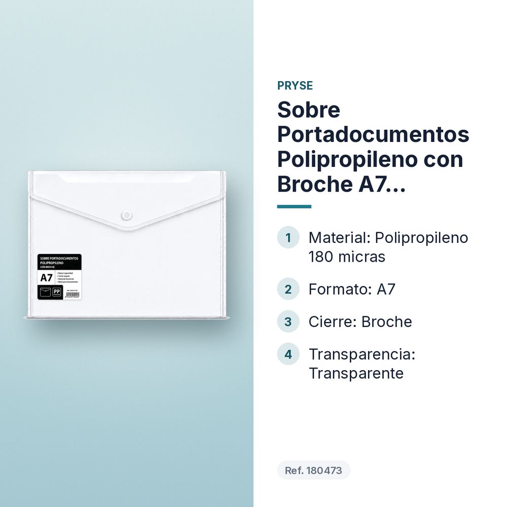 SOBRE PORTADOCUMENTOS POLIPROPILENO CON BROCHE A7 TRANSPARENTE - características principales