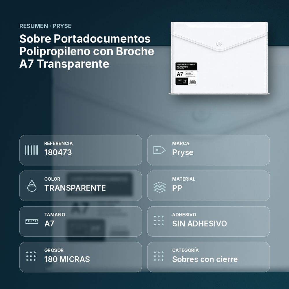 SOBRE PORTADOCUMENTOS POLIPROPILENO CON BROCHE A7 TRANSPARENTE - resumen de atributos