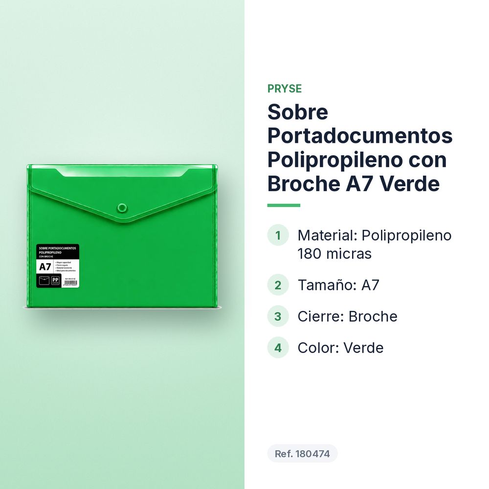 SOBRE PORTADOCUMENTOS POLIPROPILENO CON BROCHE A7 VERDE - características principales