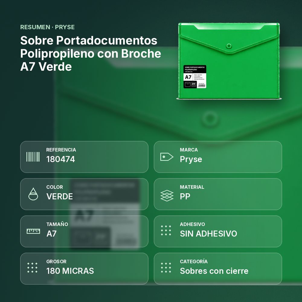 SOBRE PORTADOCUMENTOS POLIPROPILENO CON BROCHE A7 VERDE - resumen de atributos