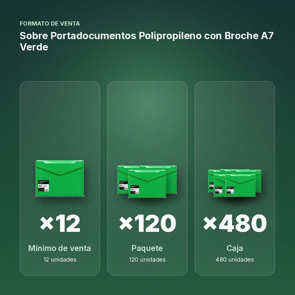 SOBRE PORTADOCUMENTOS POLIPROPILENO CON BROCHE A7 VERDE - formato de venta: paquete de 120, caja de 480