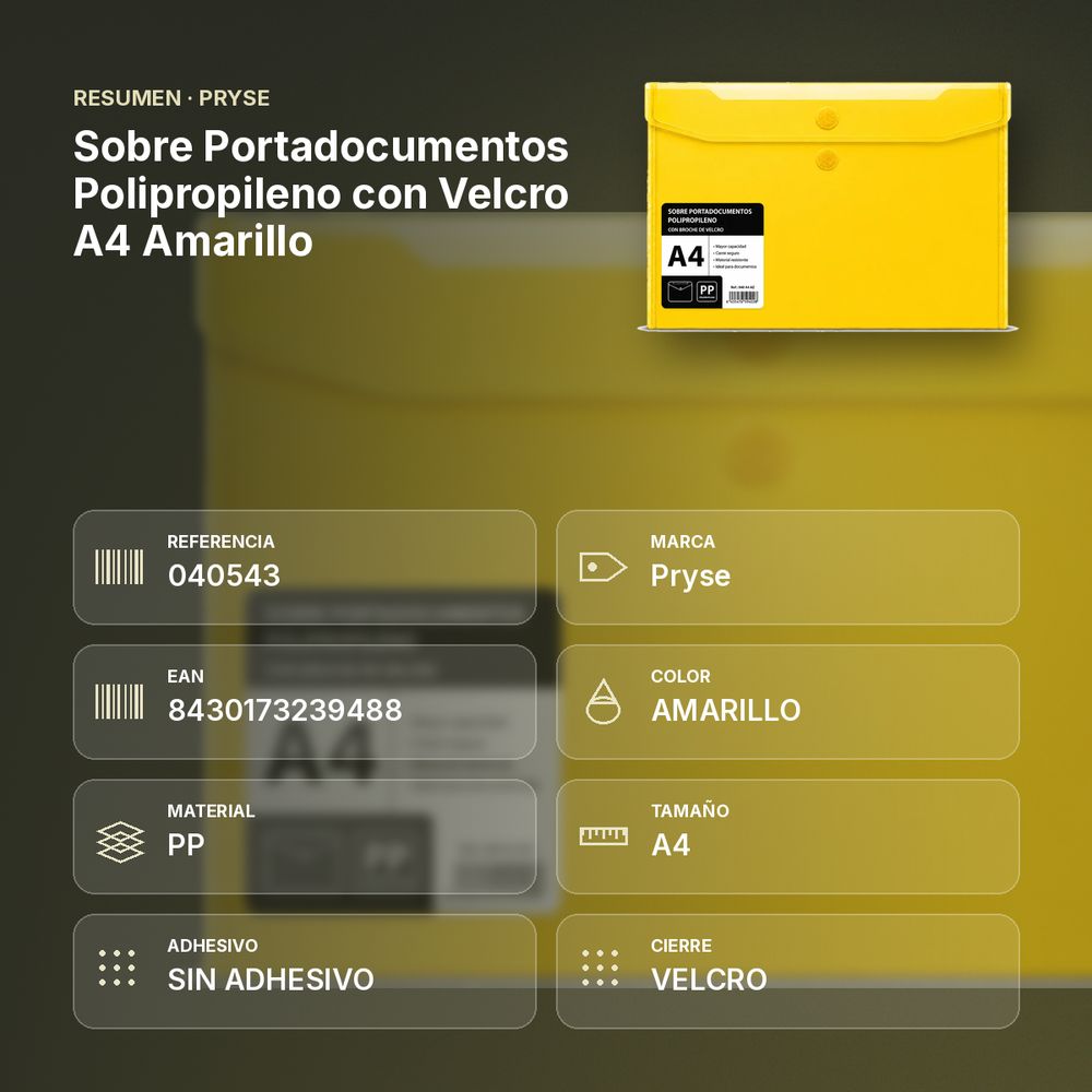 SOBRE PORTADOCUMENTOS POLIPROPILENO CON VELCRO A4 AMARILLO - resumen de atributos