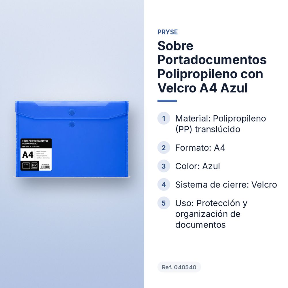 SOBRE PORTADOCUMENTOS POLIPROPILENO CON VELCRO A4 AZUL  - características principales