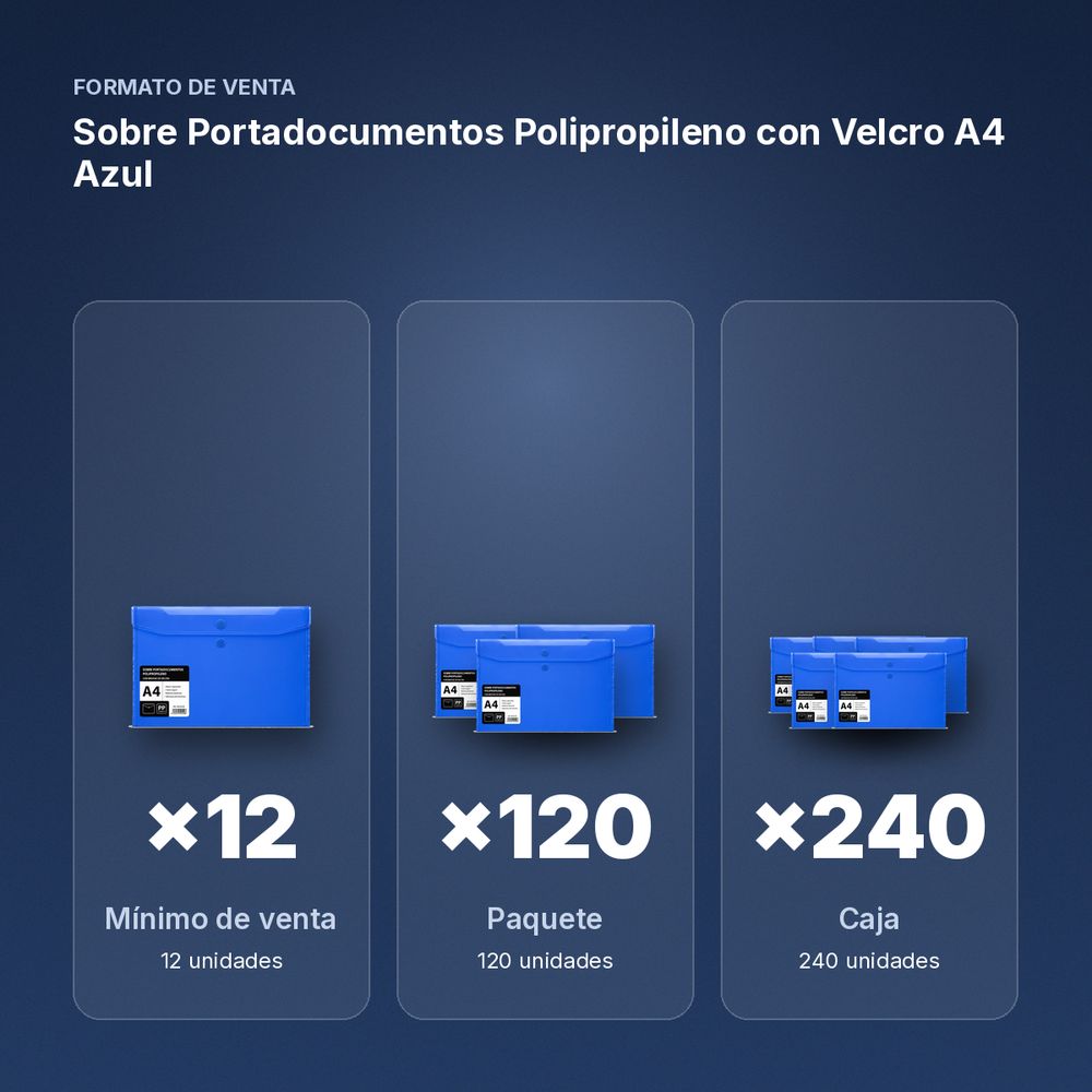 SOBRE PORTADOCUMENTOS POLIPROPILENO CON VELCRO A4 AZUL  - formato de venta: paquete de 120, caja de 240