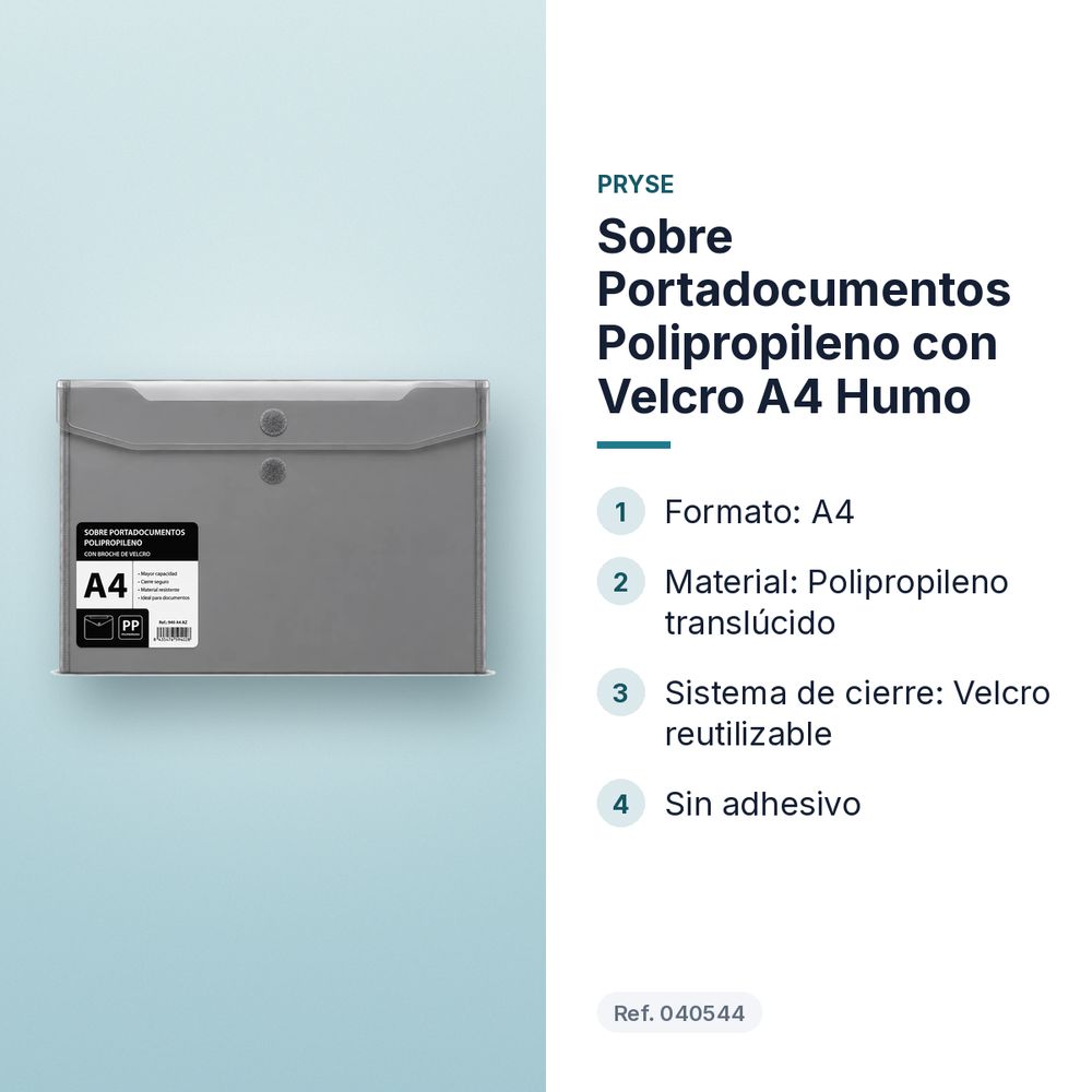 SOBRE PORTADOCUMENTOS POLIPROPILENO CON VELCRO A4 HUMO  - características principales