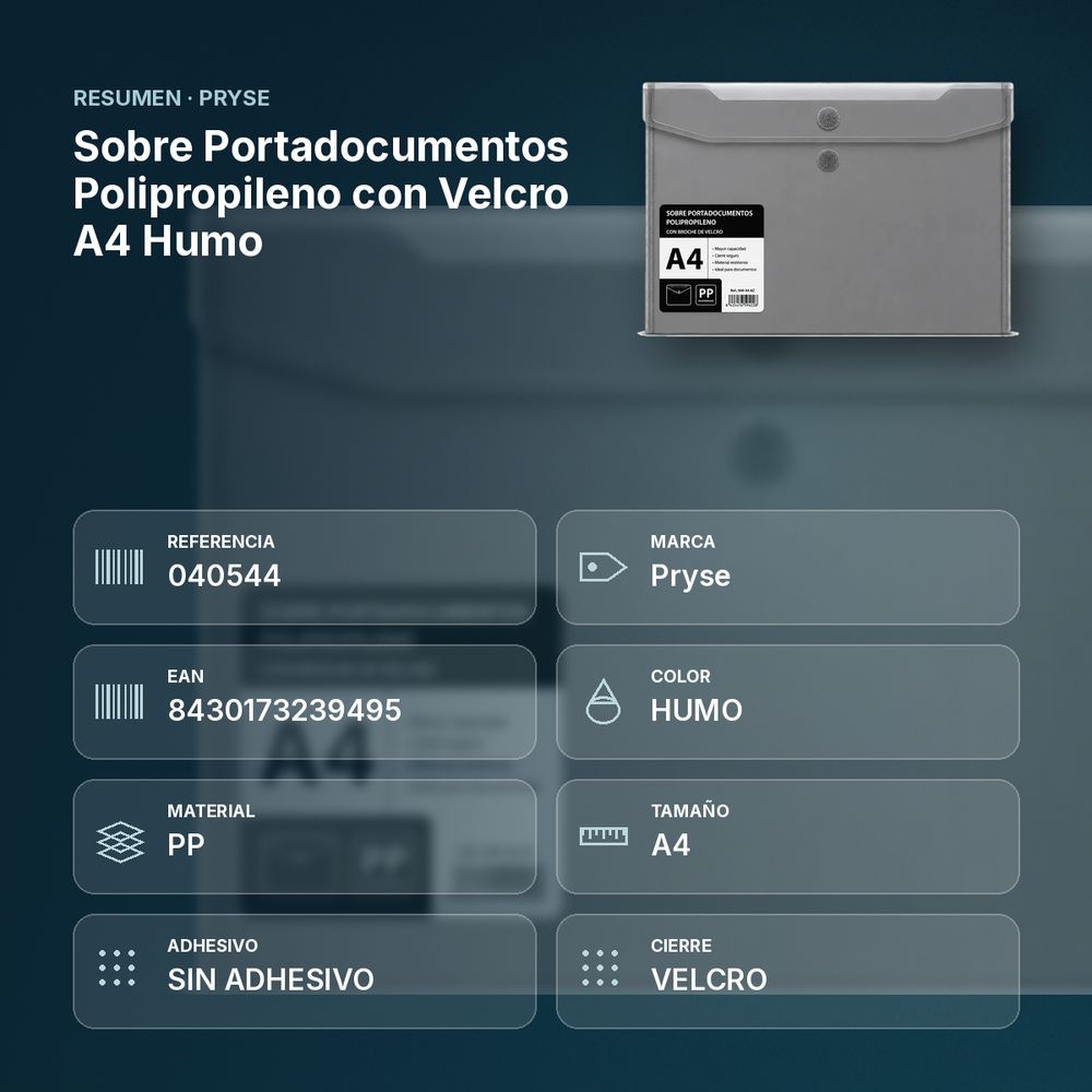SOBRE PORTADOCUMENTOS POLIPROPILENO CON VELCRO A4 HUMO  - resumen de atributos