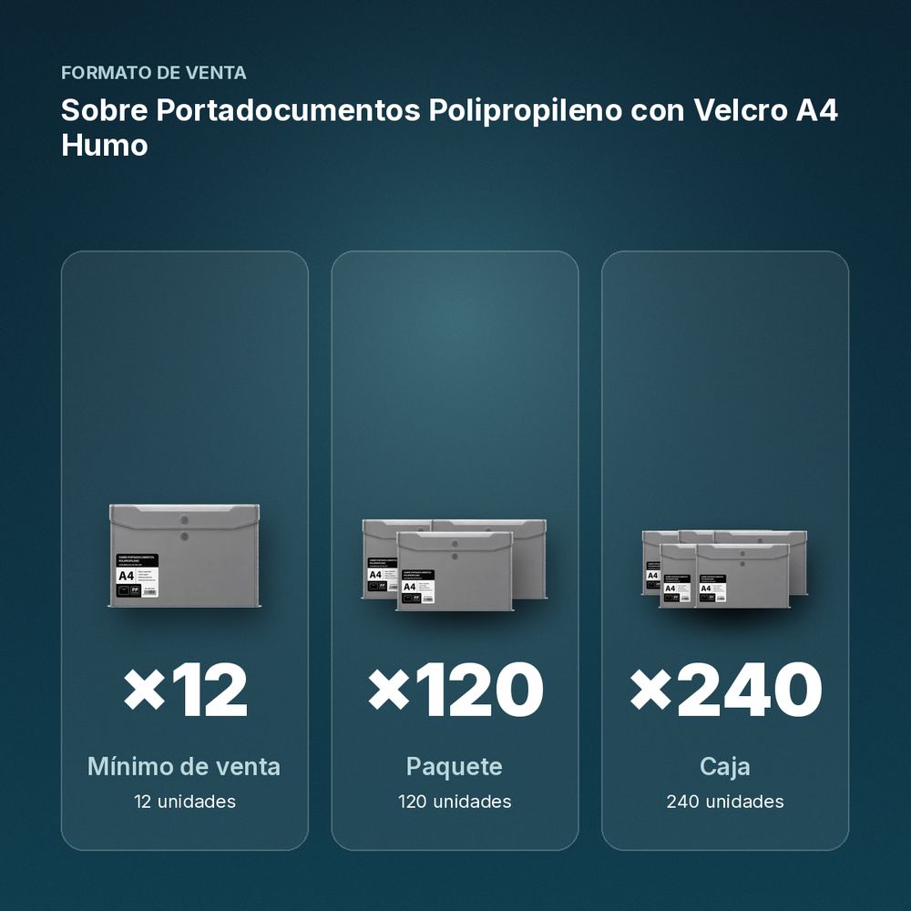 SOBRE PORTADOCUMENTOS POLIPROPILENO CON VELCRO A4 HUMO  - formato de venta: paquete de 120, caja de 240