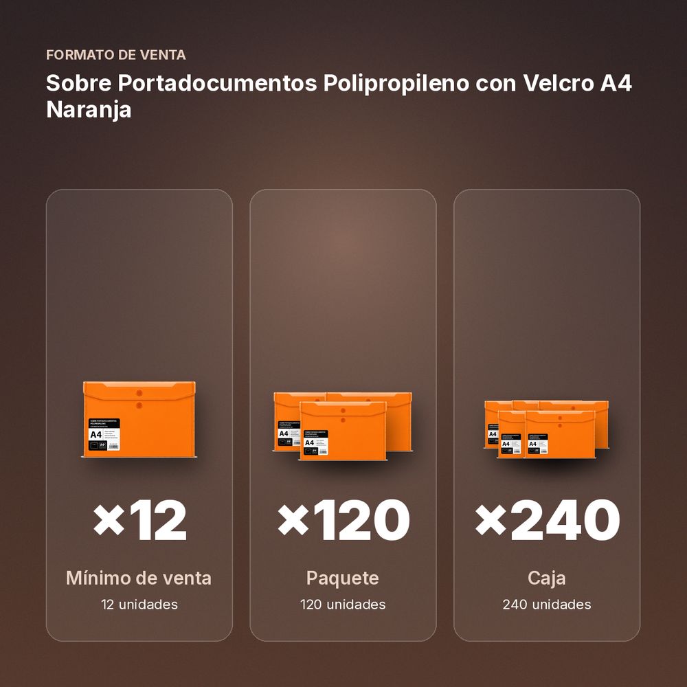 SOBRE PORTADOCUMENTOS POLIPROPILENO CON VELCRO A4 NARANJA  - formato de venta: paquete de 120, caja de 240