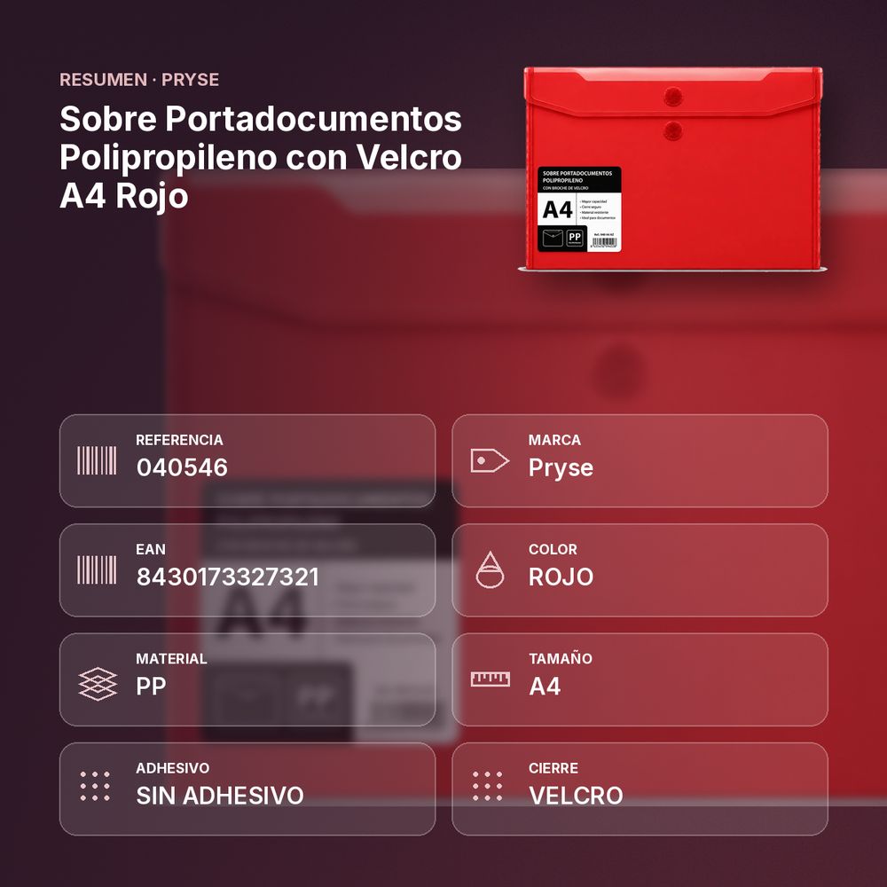 SOBRE PORTADOCUMENTOS POLIPROPILENO CON VELCRO A4 ROJO  - resumen de atributos