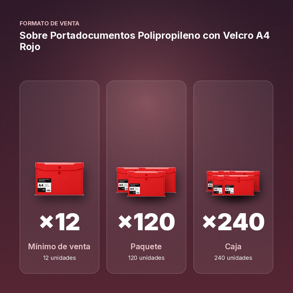 SOBRE PORTADOCUMENTOS POLIPROPILENO CON VELCRO A4 ROJO  - formato de venta: paquete de 120, caja de 240