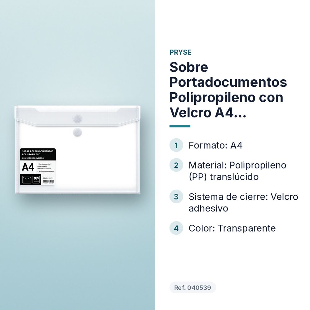 SOBRE PORTADOCUMENTOS POLIPROPILENO CON VELCRO A4 TRANSPARENTE  - características principales