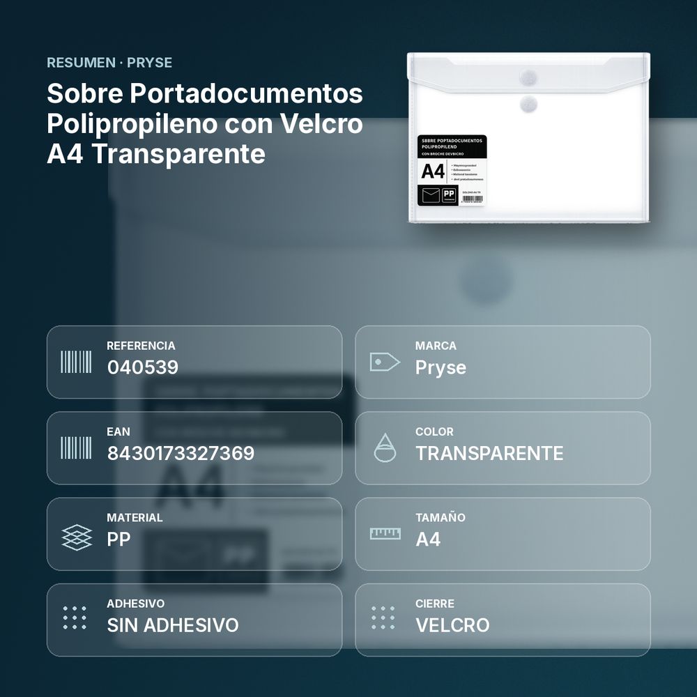 SOBRE PORTADOCUMENTOS POLIPROPILENO CON VELCRO A4 TRANSPARENTE  - resumen de atributos