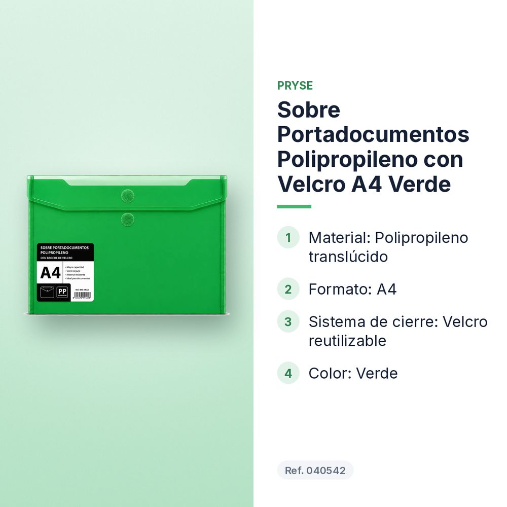 SOBRE PORTADOCUMENTOS POLIPROPILENO CON VELCRO A4 VERDE  - características principales