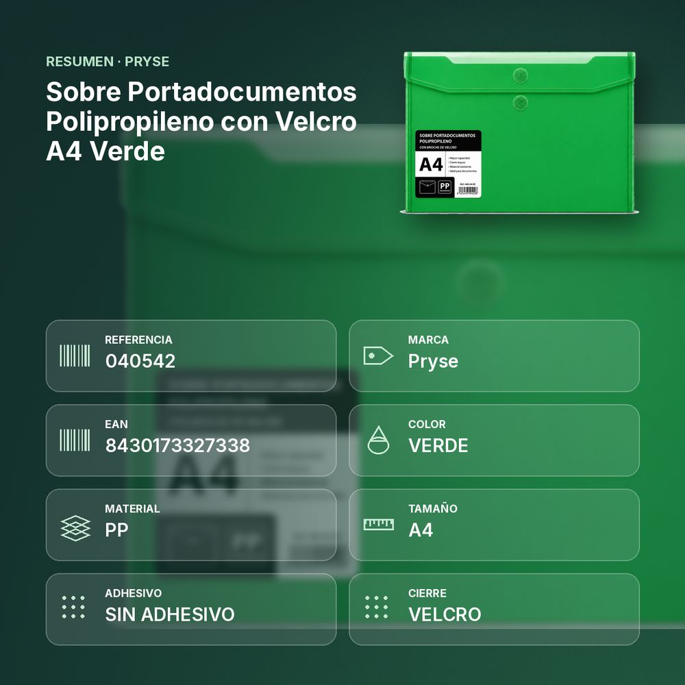 SOBRE PORTADOCUMENTOS POLIPROPILENO CON VELCRO A4 VERDE  - resumen de atributos