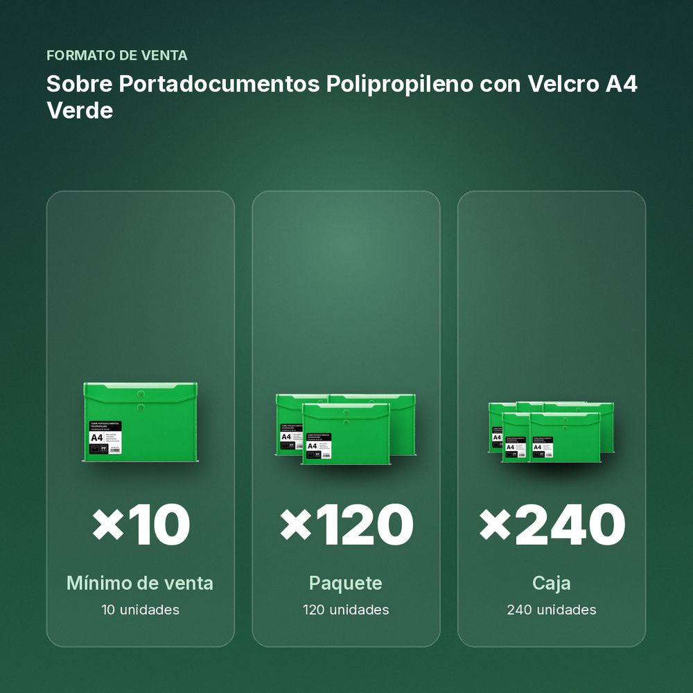 SOBRE PORTADOCUMENTOS POLIPROPILENO CON VELCRO A4 VERDE  - formato de venta: paquete de 120, caja de 240