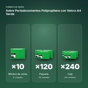 SOBRE PORTADOCUMENTOS POLIPROPILENO CON VELCRO A4 VERDE  - formato de venta: paquete de 120, caja de 240