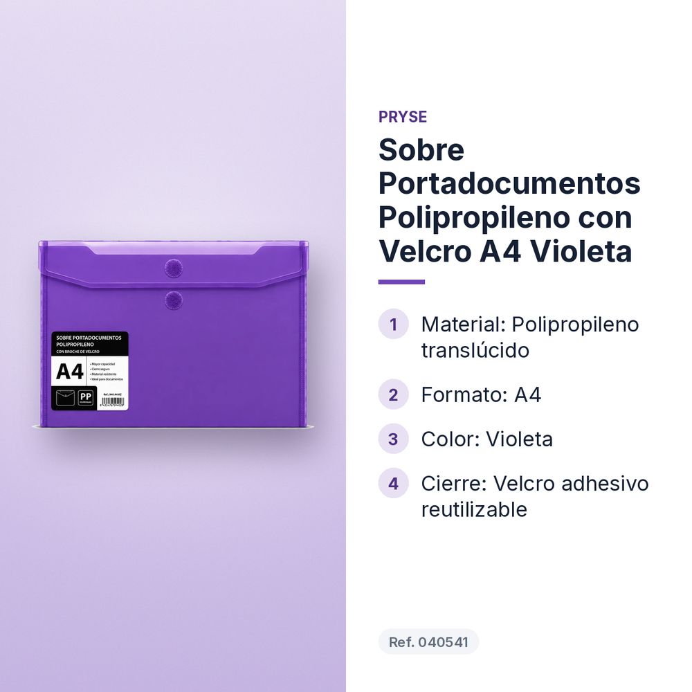 SOBRE PORTADOCUMENTOS POLIPROPILENO CON VELCRO A4 VIOLETA  - características principales
