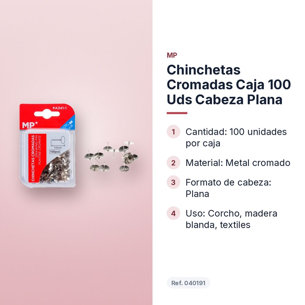 CHINCHETAS CROMADAS CAJA 100 UDS CABEZA PLANA  - características principales