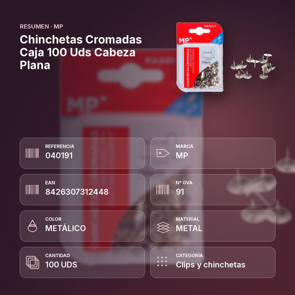 CHINCHETAS CROMADAS CAJA 100 UDS CABEZA PLANA  - resumen de atributos
