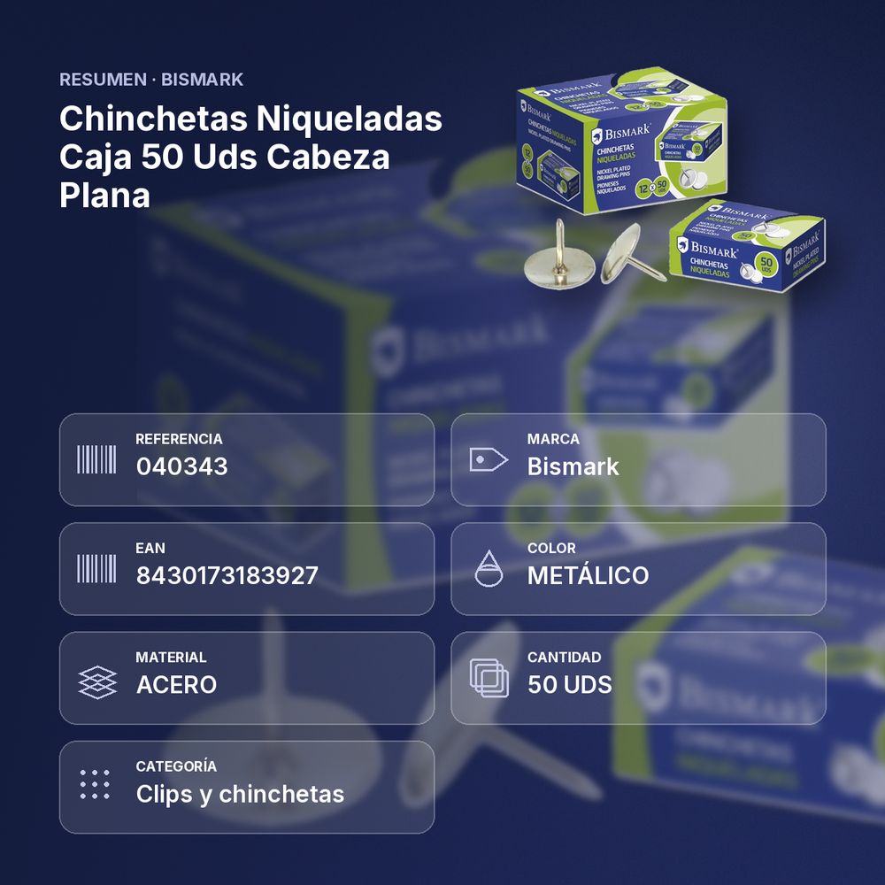 CHINCHETAS NIQUELADAS CAJA 50 UDS CABEZA PLANA - resumen de atributos