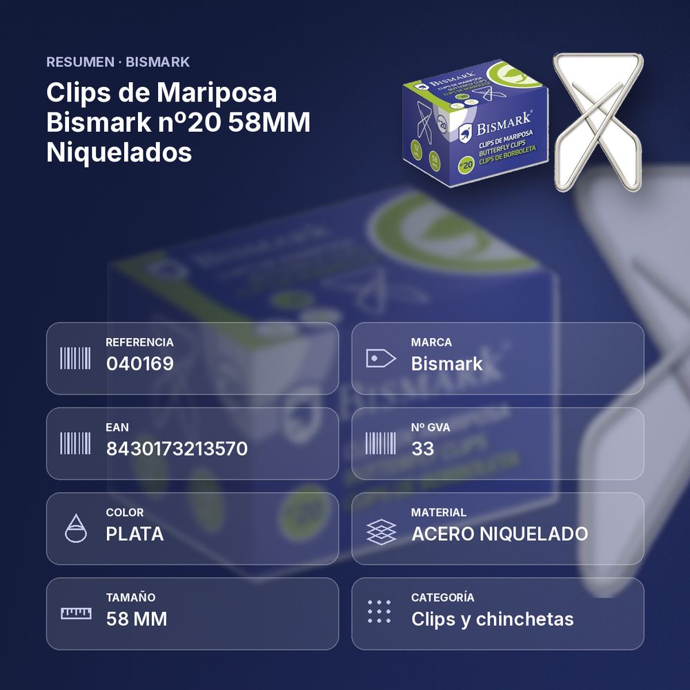 CLIPS DE MARIPOSA BISMARK Nº20 58MM NIQUELADOS - resumen de atributos