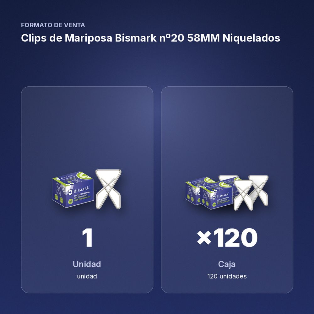 CLIPS DE MARIPOSA BISMARK Nº20 58MM NIQUELADOS - formato de venta: caja de 120
