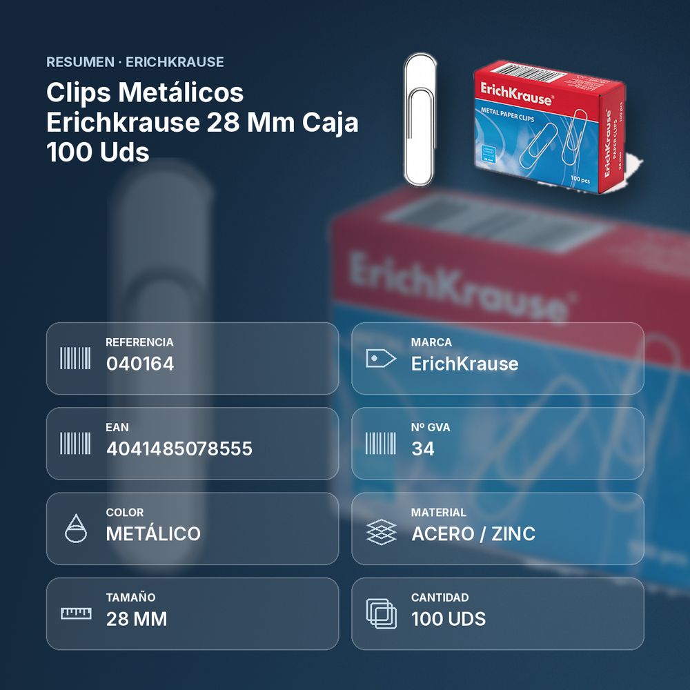 CLIPS METÁLICOS ERICHKRAUSE 28 MM CAJA 100 UDS - resumen de atributos