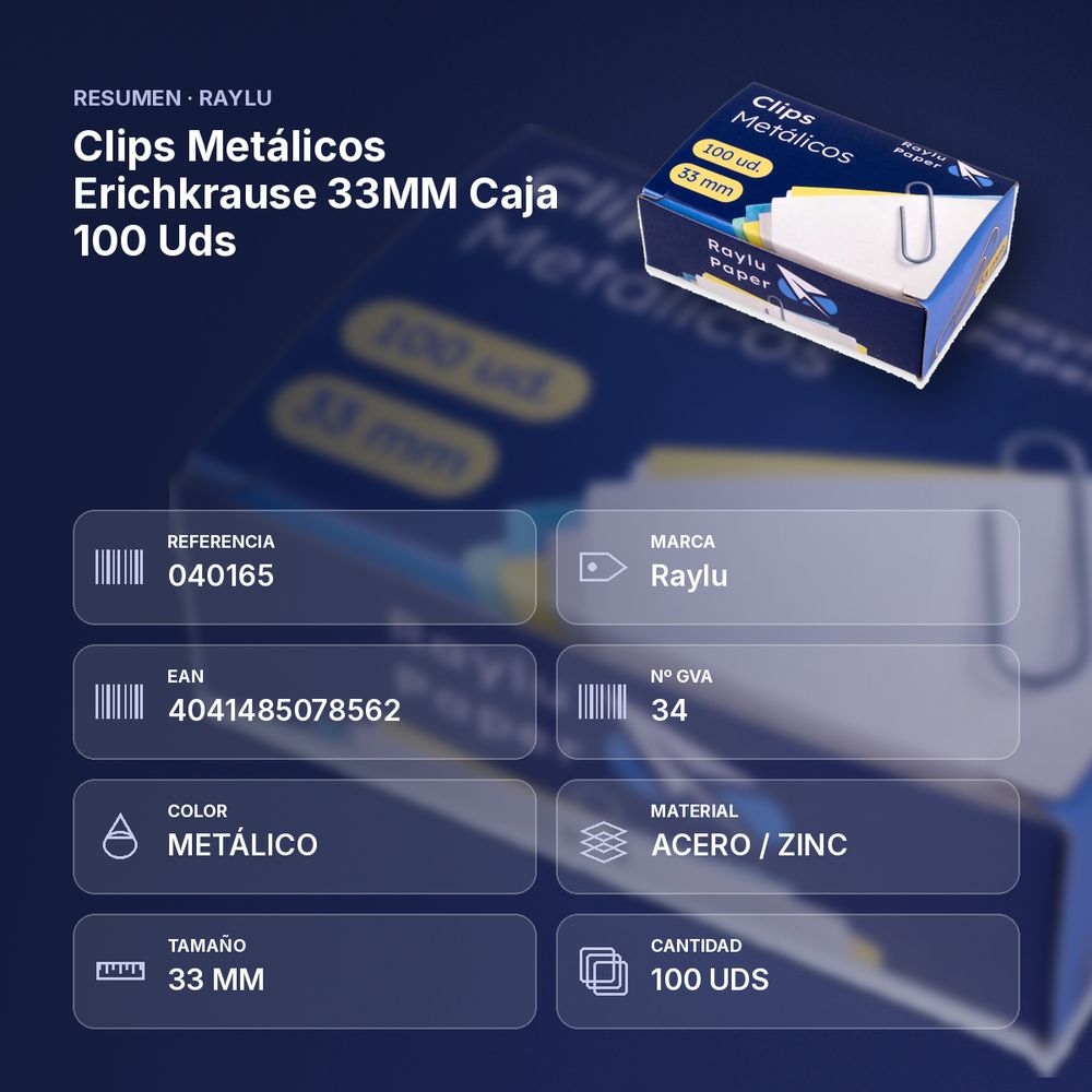 CLIPS METÁLICOS ERICHKRAUSE 33MM CAJA 100 UDS  - resumen de atributos