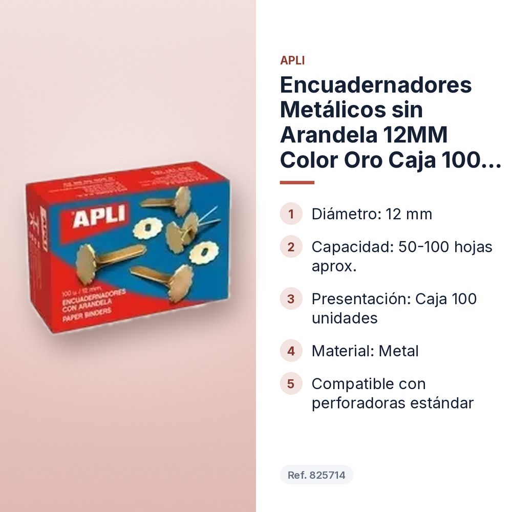 ENCUADERNADORES METÁLICOS SIN ARANDELA 12MM COLOR ORO CAJA 100 UDS - características principales