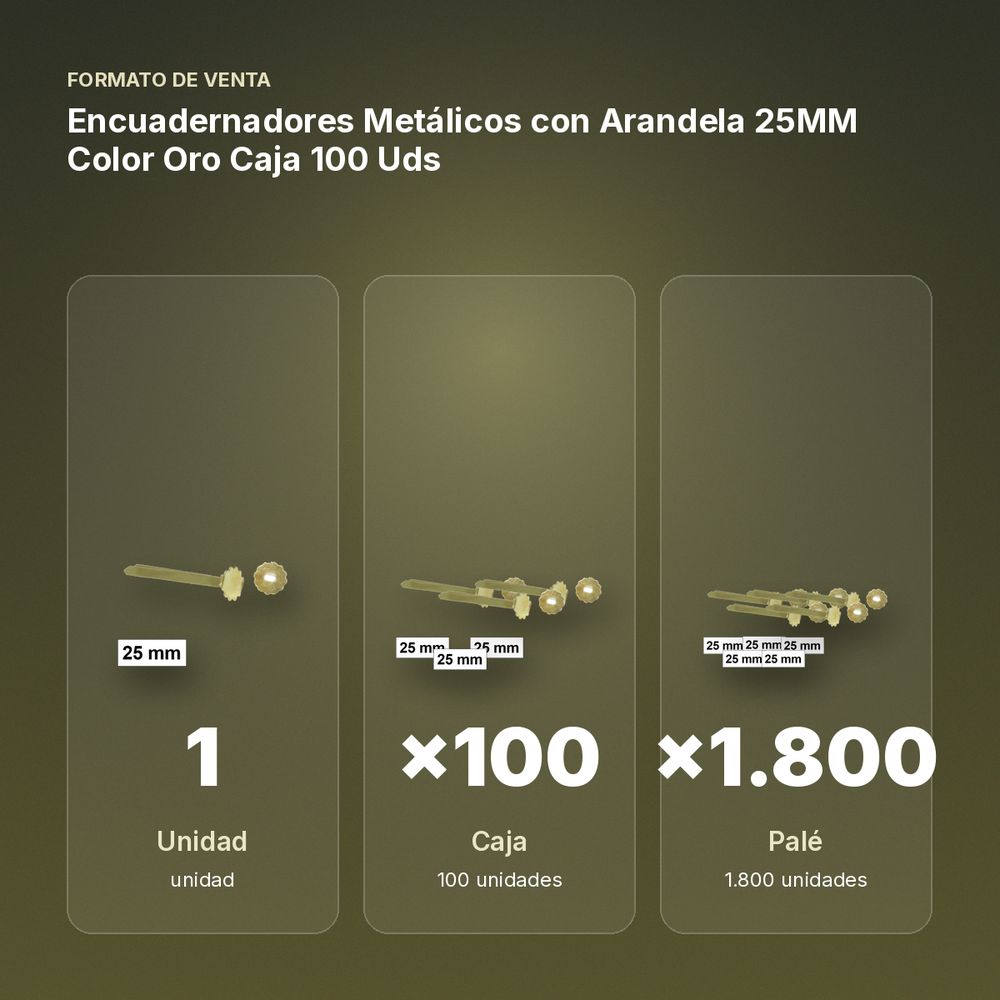 ENCUADERNADORES METÁLICOS CON ARANDELA 25MM COLOR ORO CAJA 100 UDS - formato de venta: caja de 100, palé de 1800