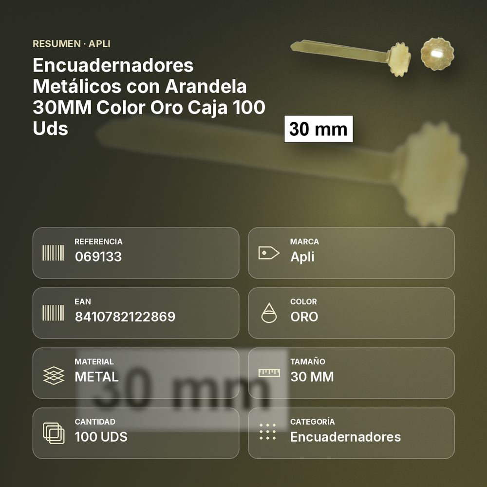 ENCUADERNADORES METÁLICOS CON ARANDELA 30MM COLOR ORO CAJA 100 UDS - resumen de atributos
