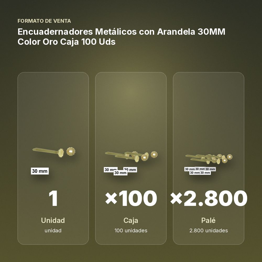 ENCUADERNADORES METÁLICOS CON ARANDELA 30MM COLOR ORO CAJA 100 UDS - formato de venta: caja de 100, palé de 2800