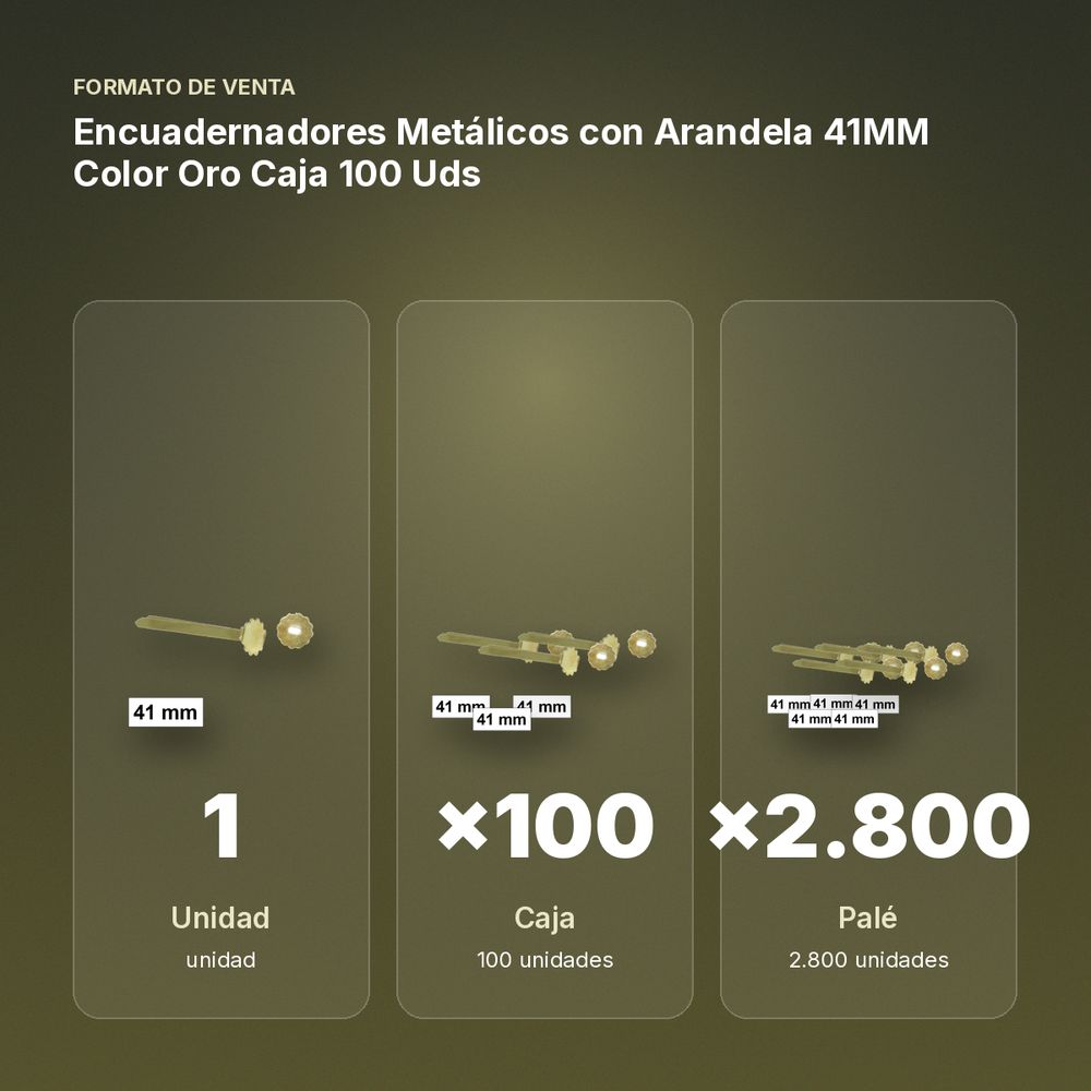 ENCUADERNADORES METÁLICOS CON ARANDELA 41MM COLOR ORO CAJA 100 UDS - formato de venta: caja de 100, palé de 2800