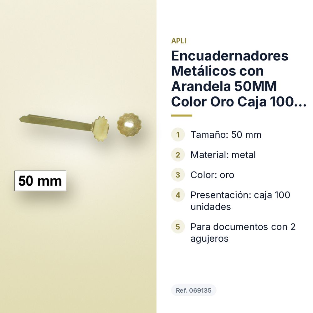 ENCUADERNADORES METÁLICOS CON ARANDELA 50MM COLOR ORO CAJA 100 UDS - características principales