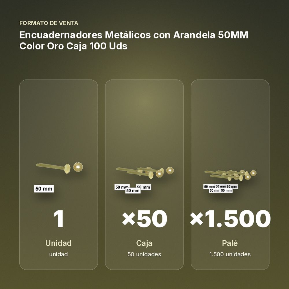 ENCUADERNADORES METÁLICOS CON ARANDELA 50MM COLOR ORO CAJA 100 UDS - formato de venta: caja de 50, palé de 1500