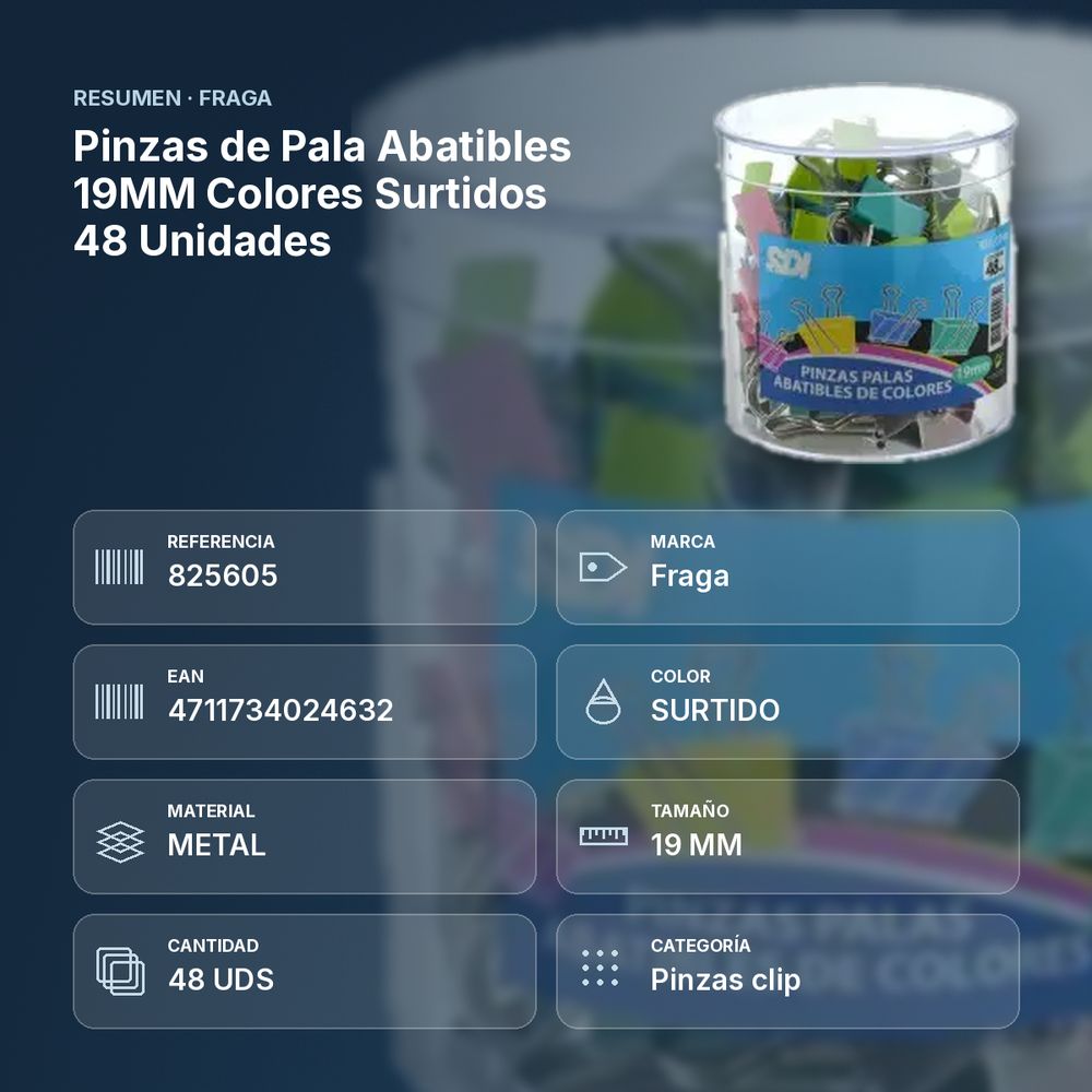PINZAS DE PALA ABATIBLES 19MM COLORES SURTIDOS 48 UNIDADES - resumen de atributos