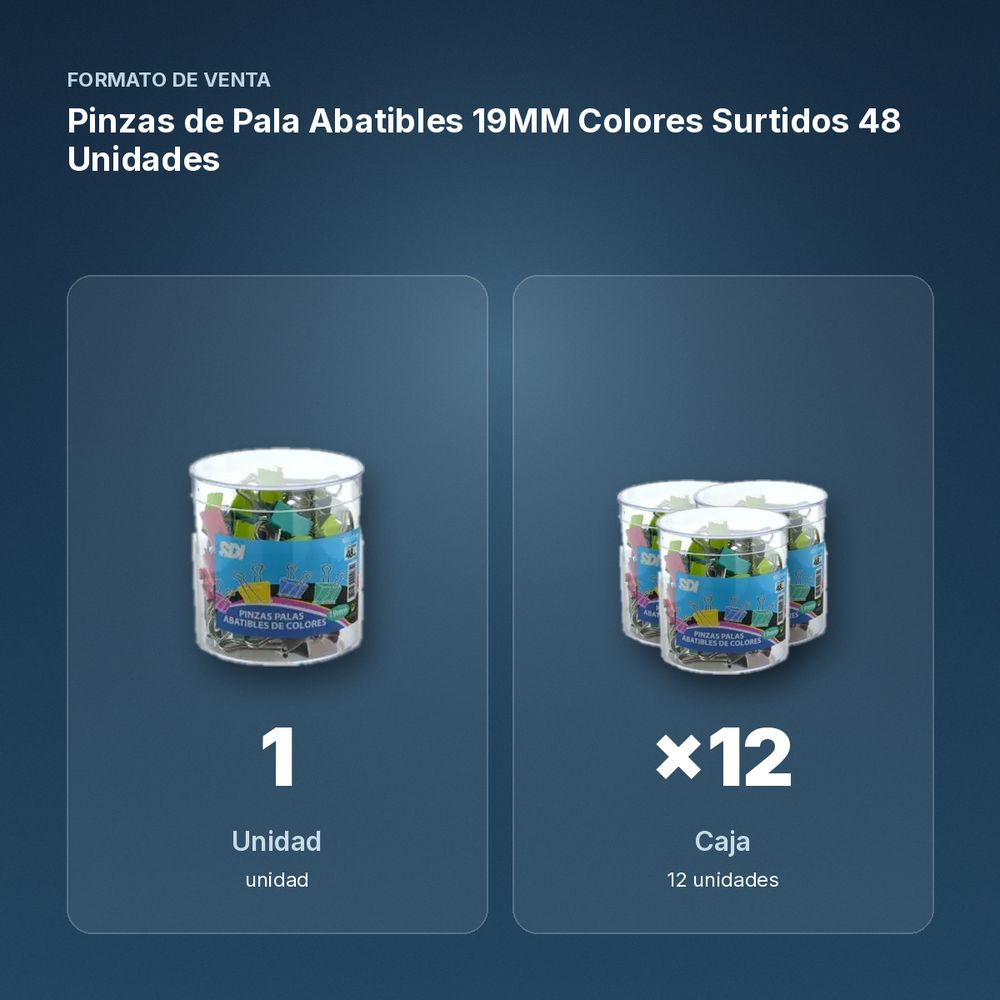 PINZAS DE PALA ABATIBLES 19MM COLORES SURTIDOS 48 UNIDADES - formato de venta: caja de 12