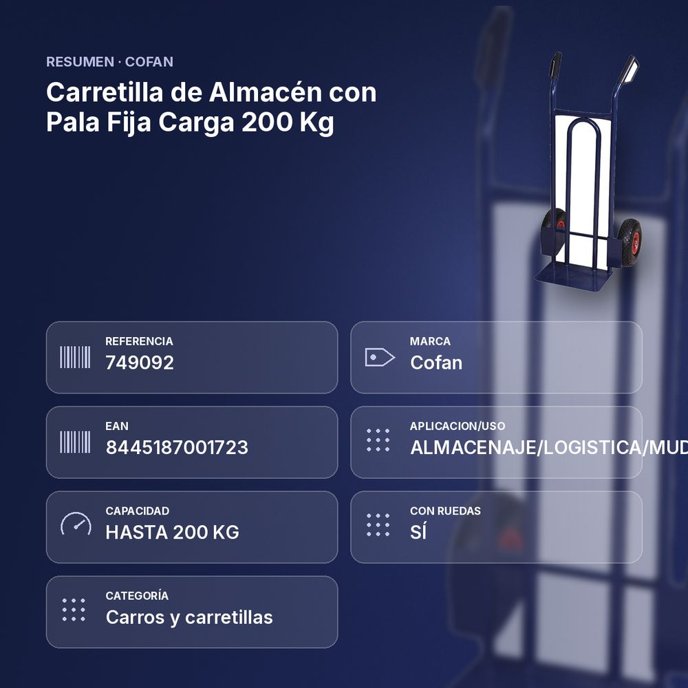 CARRETILLA DE ALMACÉN CON PALA FIJA CARGA 200 KG - resumen de atributos
