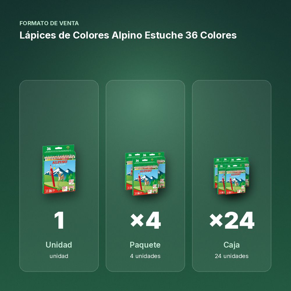 LÁPICES DE COLORES ALPINO ESTUCHE 36 COLORES - formato de venta: paquete de 4, caja de 24